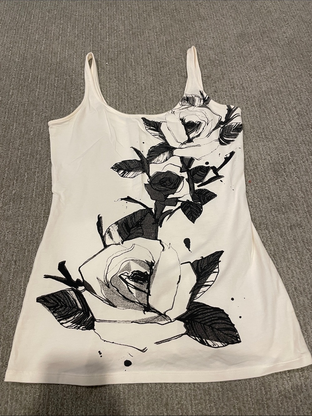 Express White Tank Top with Black Rose Graphic